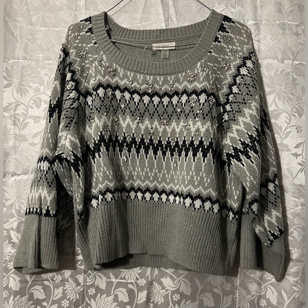 Cupio Gray Fair Isle Sequin Embellished Sweater Women’s Size Large.
